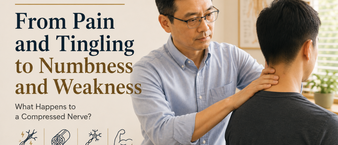 peripheral nerve compression, nerve entrapment, nerve irritation, nerve injury, neuropathic pain, numbness, tingling, weakness, sensory loss, nerve gliding, neural mechanosensitivity, myelin injury, axonal injury, nerve compression symptoms, carpal tunnel syndrome, foraminal stenosis, peripheral neuropathy, clinical assessment, Dr Win Huang, PhD Win Acupuncture Clinic