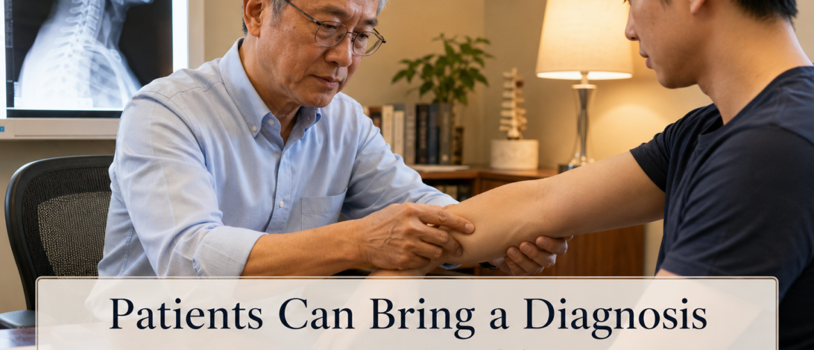 clinical reasoning, differential diagnosis, cervical radiculopathy, ulnar nerve entrapment, cubital tunnel syndrome, little finger numbness, cervical X-ray, peripheral nerve entrapment, reassessment, Dr Win Huang