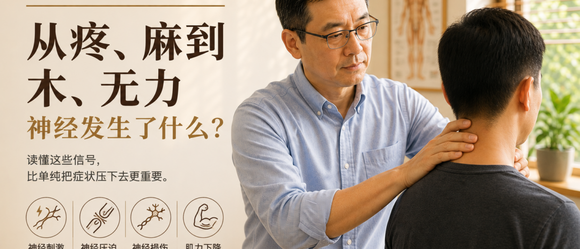 神经卡压, 周围神经卡压, 神经压迫, 神经损伤, 神经刺激, 神经痛, 麻木, 手麻, 腿麻, 感觉减退, 肌力下降, 神经滑动, 神经机械敏感, 髓鞘损伤, 轴突损伤, 腕管综合征, 椎间孔狭窄, 周围神经病变, 临床评估, 黄博士临证思考, 黄博士, 黄博士中医诊所