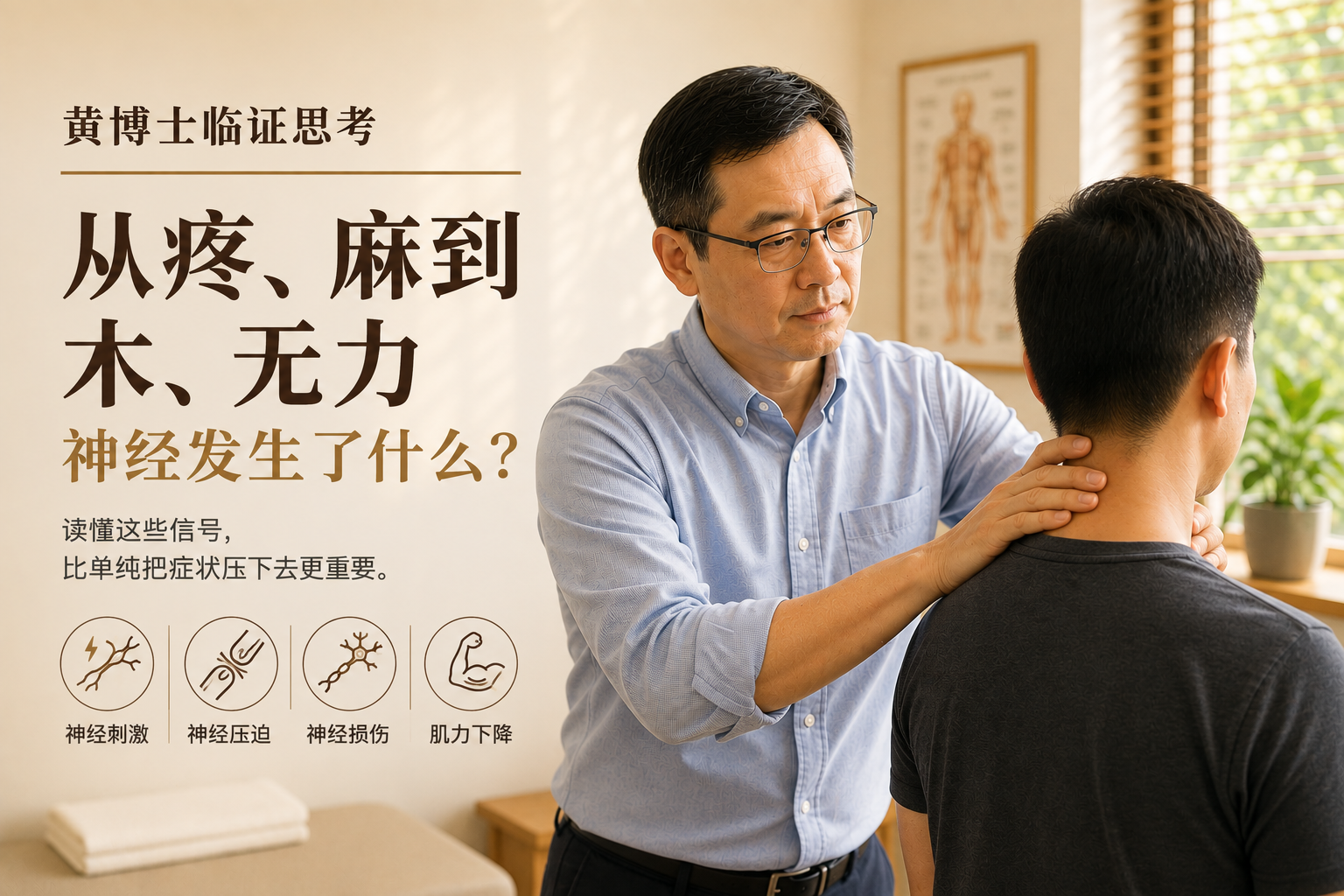 神经卡压, 周围神经卡压, 神经压迫, 神经损伤, 神经刺激, 神经痛, 麻木, 手麻, 腿麻, 感觉减退, 肌力下降, 神经滑动, 神经机械敏感, 髓鞘损伤, 轴突损伤, 腕管综合征, 椎间孔狭窄, 周围神经病变, 临床评估, 黄博士临证思考, 黄博士, 黄博士中医诊所