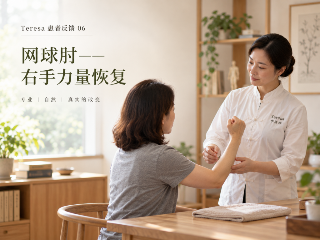 Teresa患者反馈, 网球肘患者评价, 网球肘针灸, 肘外侧疼痛, 右手无力, 手部力量下降, Teresa Shen针灸, 奥克兰针灸, 针灸拔罐, 刺络治疗, PhD Win Acupuncture Clinic