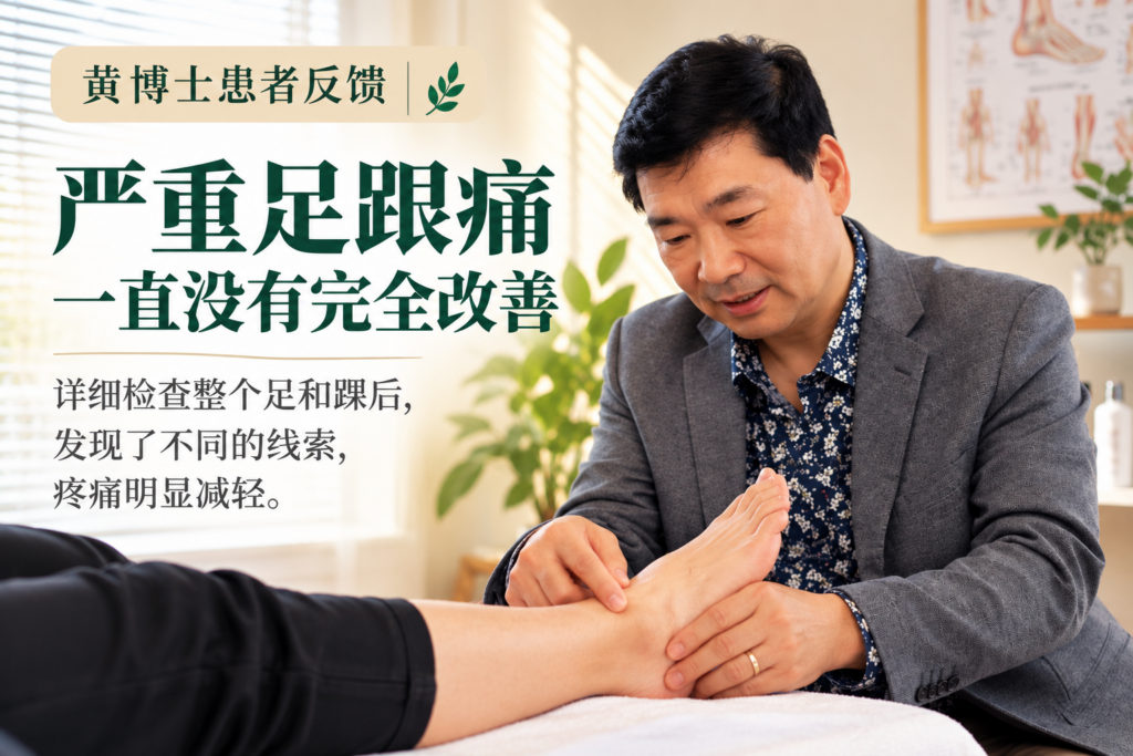 持续性足跟痛, 双侧足跟痛, 足底筋膜炎, 足跟痛针灸, 足踝检查, 内踝压痛, 黄博士针灸, 奥克兰针灸
