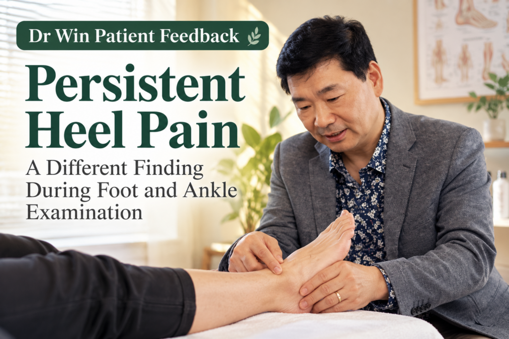 persistent heel pain, bilateral heel pain, plantar fasciitis patient review, heel pain acupuncture, foot and ankle examination, inner ankle tenderness, Dr Win Huang, Auckland acupuncture