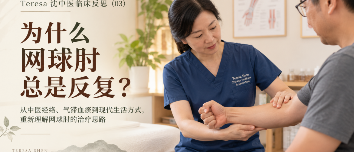 网球肘, 网球肘反复, 网球肘复发原因, 网球肘久治不愈, 网球肘针灸治疗, 网球肘中医辨证, 肘外侧疼痛, 肱骨外上髁疼痛, 前臂伸肌肌腱, 鼠标使用肘痛, 重复性劳损, 手阳明大肠经, 经络取穴, 气滞血瘀, 寒湿阻络, 中医刺络放血, 网球肘拔罐, 隔姜灸, 网球肘康复, Auckland acupuncture, Teresa Shen